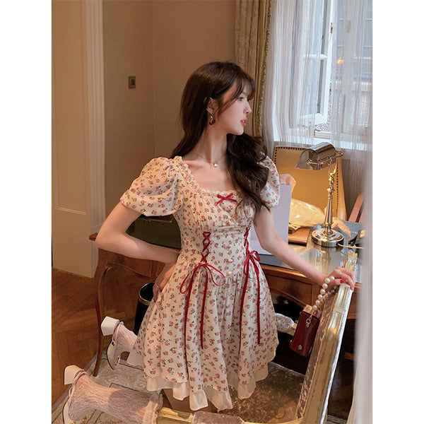 Fairy Summer Sweet Women Floral Printed Puff Sleeve Lace Square Neck High Waist Bow Stitching Lotus Leaf Dress