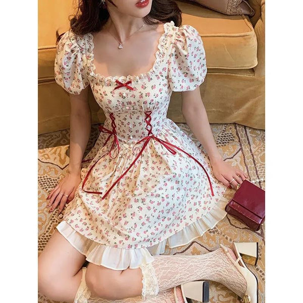 Fairy Summer Sweet Women Floral Printed Puff Sleeve Lace Square Neck High Waist Bow Stitching Lotus Leaf Dress