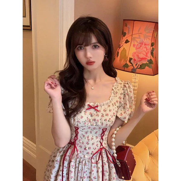 Fairy Summer Sweet Women Floral Printed Puff Sleeve Lace Square Neck High Waist Bow Stitching Lotus Leaf Dress