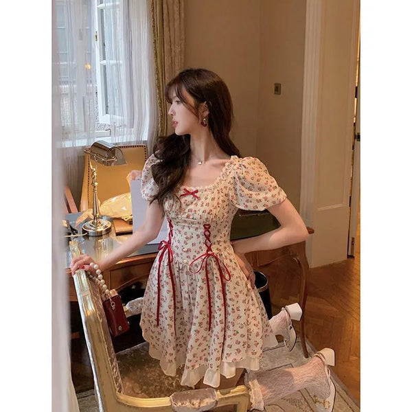 Fairy Summer Sweet Women Floral Printed Puff Sleeve Lace Square Neck High Waist Bow Stitching Lotus Leaf Dress