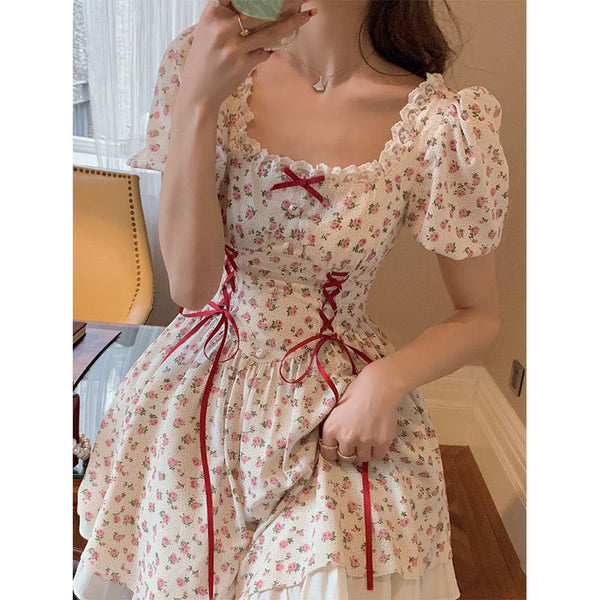 Fairy Summer Sweet Women Floral Printed Puff Sleeve Lace Square Neck High Waist Bow Stitching Lotus Leaf Dress