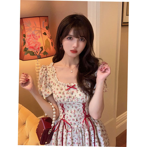 Fairy Summer Sweet Women Floral Printed Puff Sleeve Lace Square Neck High Waist Bow Stitching Lotus Leaf Dress