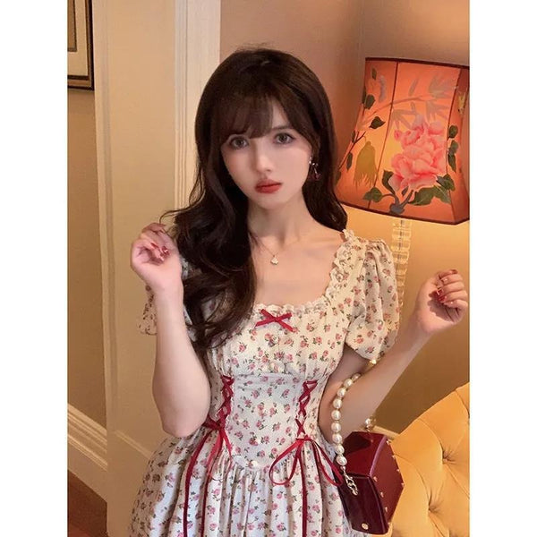 Fairy Summer Sweet Women Floral Printed Puff Sleeve Lace Square Neck High Waist Bow Stitching Lotus Leaf Dress