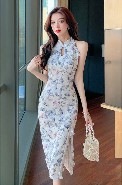 Summer Retro Women Fashion Stand Collar Floral Sleeveless Halter Cheongsam Side Split Lace Hem Dress