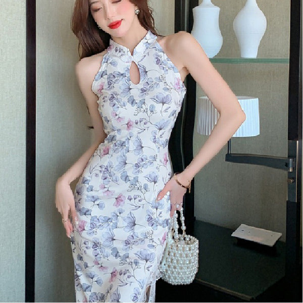 Summer Retro Women Fashion Stand Collar Floral Sleeveless Halter Cheongsam Side Split Lace Hem Dress