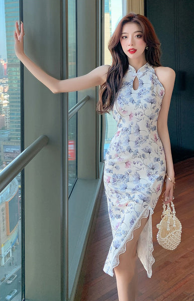 Summer Retro Women Fashion Stand Collar Floral Sleeveless Halter Cheongsam Side Split Lace Hem Dress