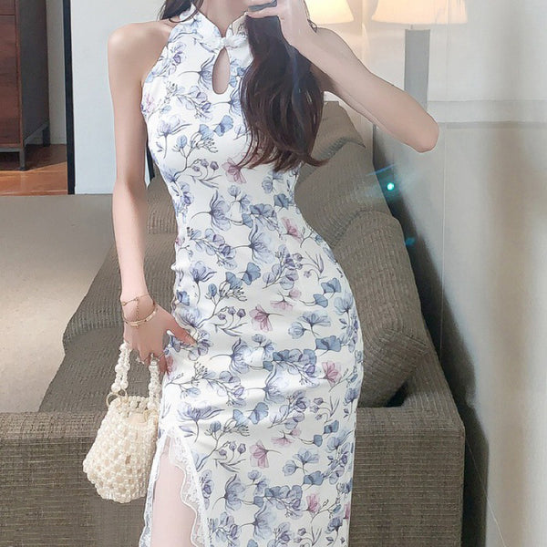 Summer Retro Women Fashion Stand Collar Floral Sleeveless Halter Cheongsam Side Split Lace Hem Dress