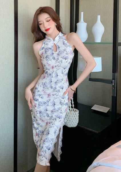Summer Retro Women Fashion Stand Collar Floral Sleeveless Halter Cheongsam Side Split Lace Hem Dress