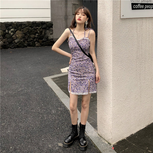 Summer Sexy Look Young Women Purple Spaghetti Strap Floral Printed Lace Strappy Side Split Slit Lace Hem Dress