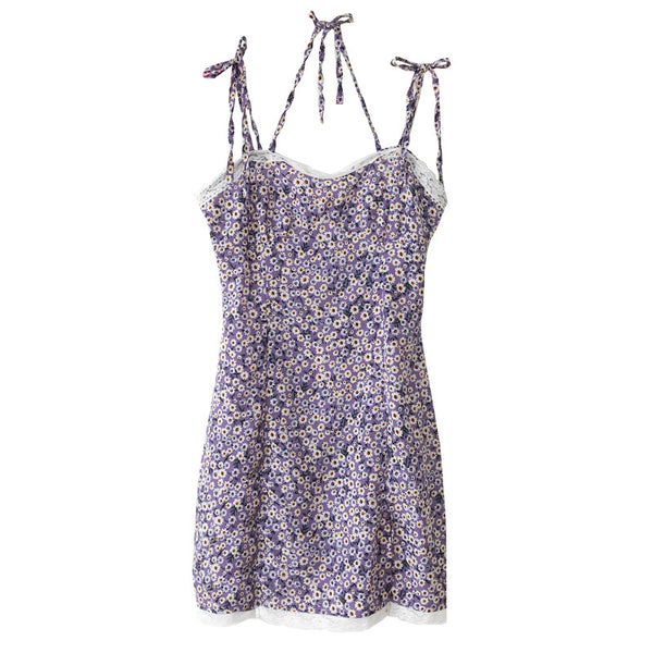 Summer Sexy Look Young Women Purple Spaghetti Strap Floral Printed Lace Strappy Side Split Slit Lace Hem Dress