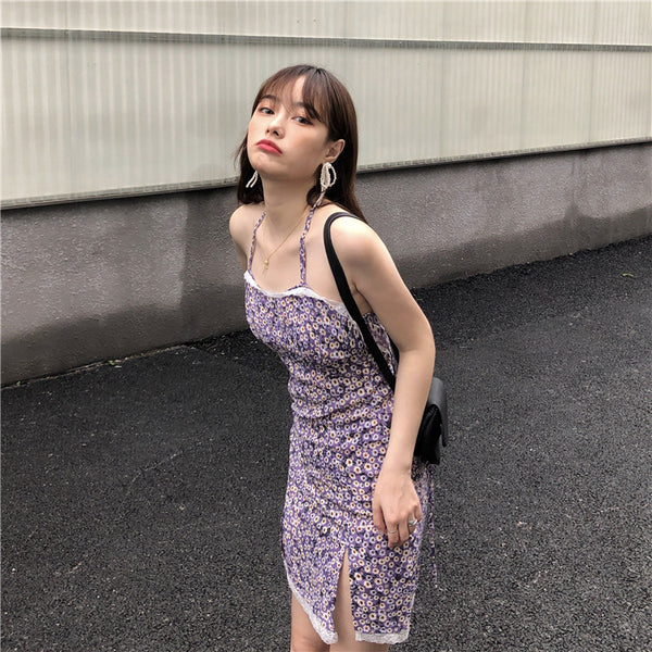 Summer Sexy Look Young Women Purple Spaghetti Strap Floral Printed Lace Strappy Side Split Slit Lace Hem Dress