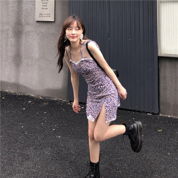 Summer Sexy Look Young Women Purple Spaghetti Strap Floral Printed Lace Strappy Side Split Slit Lace Hem Dress