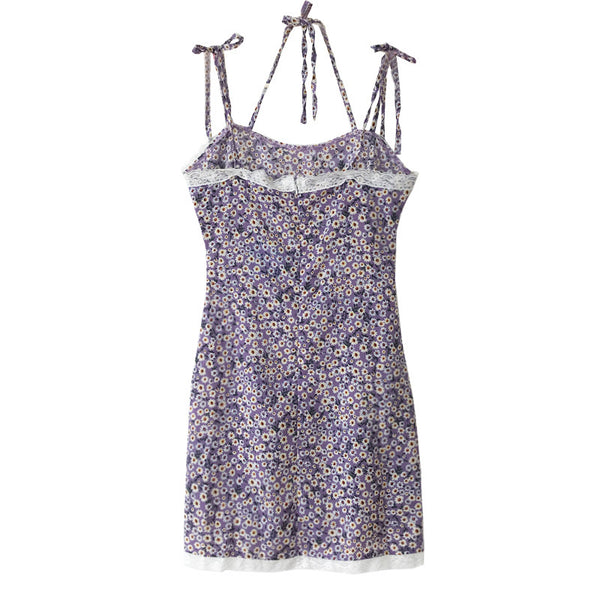 Summer Sexy Look Young Women Purple Spaghetti Strap Floral Printed Lace Strappy Side Split Slit Lace Hem Dress