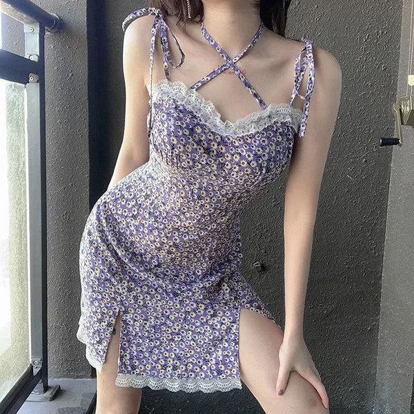 Summer Sexy Look Young Women Purple Spaghetti Strap Floral Printed Lace Strappy Side Split Slit Lace Hem Dress