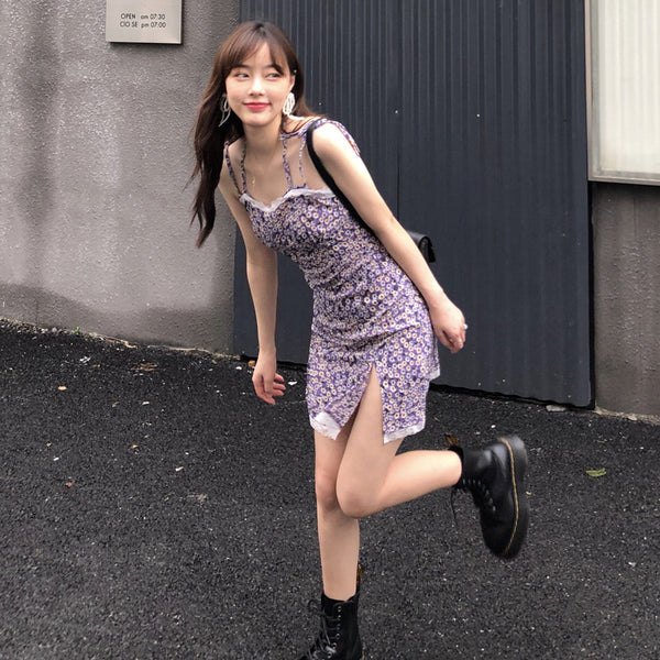Summer Sexy Look Young Women Purple Spaghetti Strap Floral Printed Lace Strappy Side Split Slit Lace Hem Dress