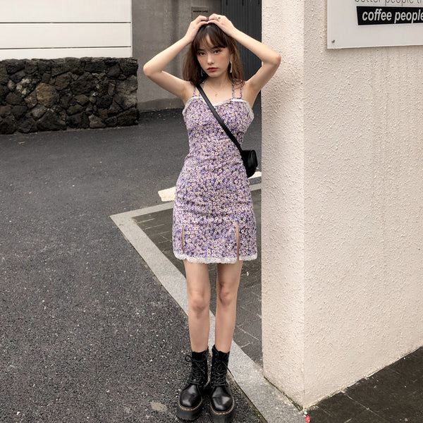 Summer Sexy Look Young Women Purple Spaghetti Strap Floral Printed Lace Strappy Side Split Slit Lace Hem Dress