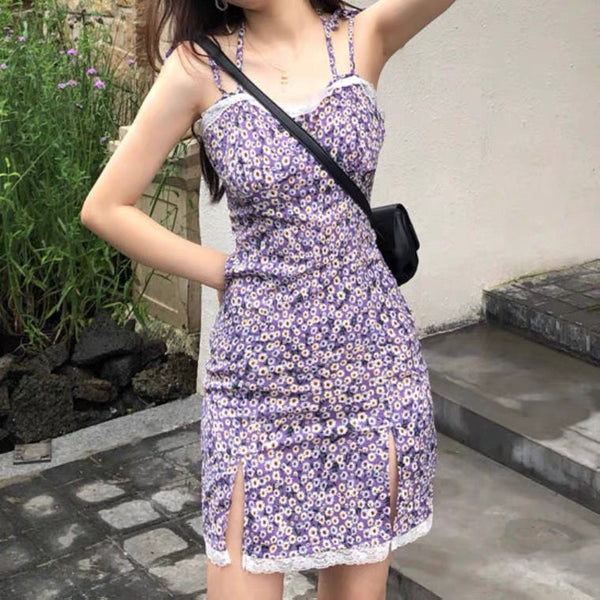 Summer Sexy Look Young Women Purple Spaghetti Strap Floral Printed Lace Strappy Side Split Slit Lace Hem Dress