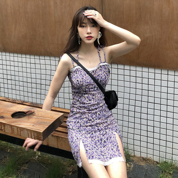Summer Sexy Look Young Women Purple Spaghetti Strap Floral Printed Lace Strappy Side Split Slit Lace Hem Dress