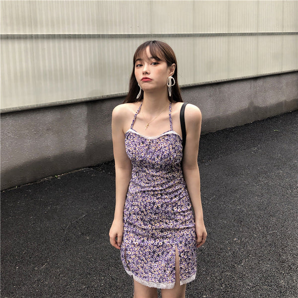 Summer Sexy Look Young Women Purple Spaghetti Strap Floral Printed Lace Strappy Side Split Slit Lace Hem Dress