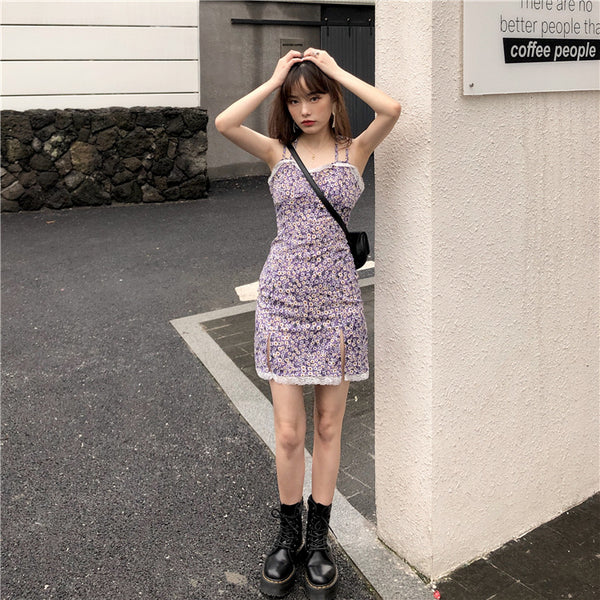 Summer Sexy Look Young Women Purple Spaghetti Strap Floral Printed Lace Strappy Side Split Slit Lace Hem Dress