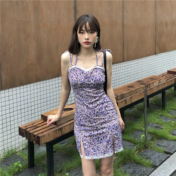 Summer Sexy Look Young Women Purple Spaghetti Strap Floral Printed Lace Strappy Side Split Slit Lace Hem Dress