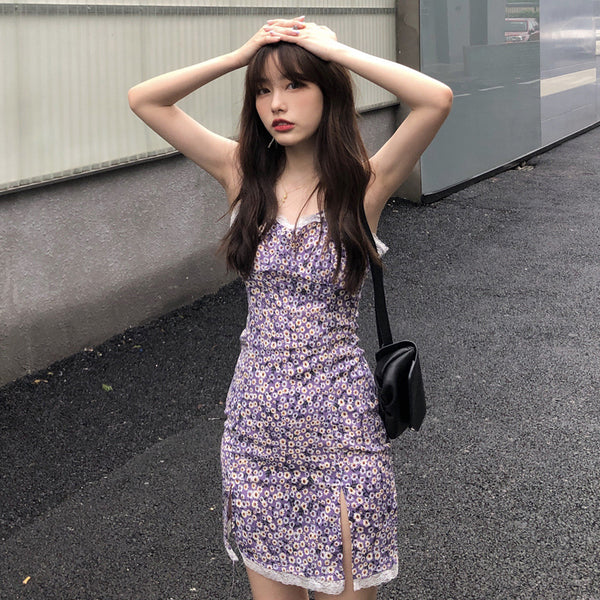 Summer Sexy Look Young Women Purple Spaghetti Strap Floral Printed Lace Strappy Side Split Slit Lace Hem Dress
