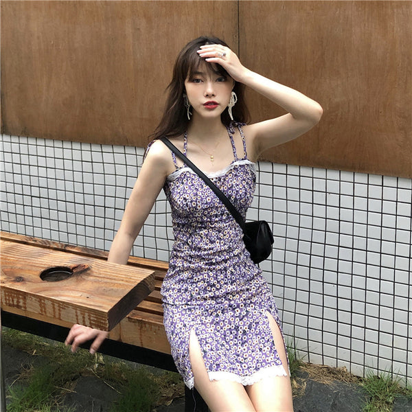 Summer Sexy Look Young Women Purple Spaghetti Strap Floral Printed Lace Strappy Side Split Slit Lace Hem Dress