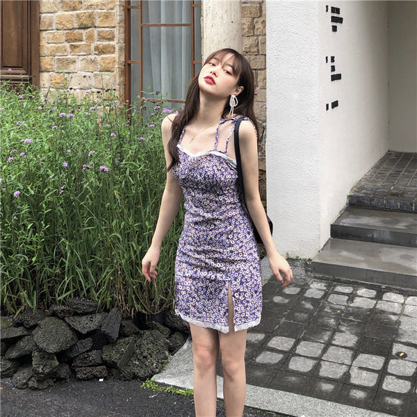 Summer Sexy Look Young Women Purple Spaghetti Strap Floral Printed Lace Strappy Side Split Slit Lace Hem Dress