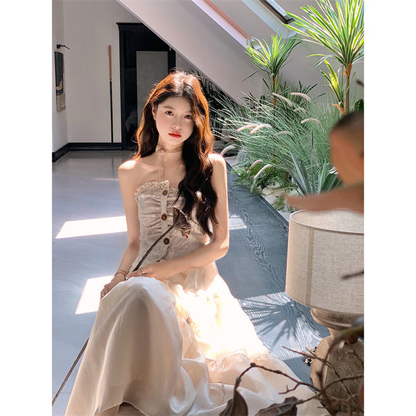 Temperament Summer Women Retro Vintage Sleeveless Tube Top High Waist Mesh Gauze Stitching Big Swing Cake Dress