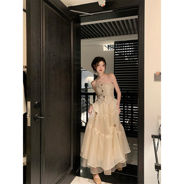 Temperament Summer Women Retro Vintage Sleeveless Tube Top High Waist Mesh Gauze Stitching Big Swing Cake Dress