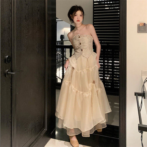 Temperament Summer Women Retro Vintage Sleeveless Tube Top High Waist Mesh Gauze Stitching Big Swing Cake Dress