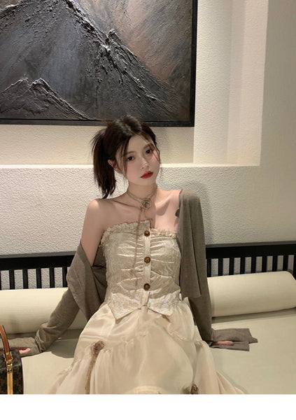 Temperament Summer Women Retro Vintage Sleeveless Tube Top High Waist Mesh Gauze Stitching Big Swing Cake Dress