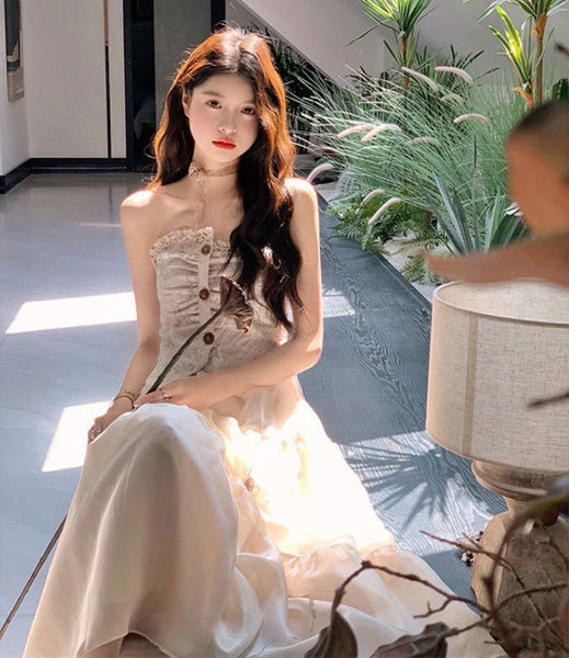 Temperament Summer Women Retro Vintage Sleeveless Tube Top High Waist Mesh Gauze Stitching Big Swing Cake Dress