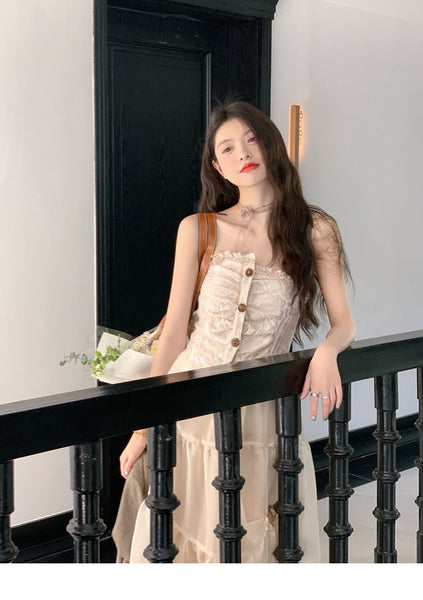 Temperament Summer Women Retro Vintage Sleeveless Tube Top High Waist Mesh Gauze Stitching Big Swing Cake Dress