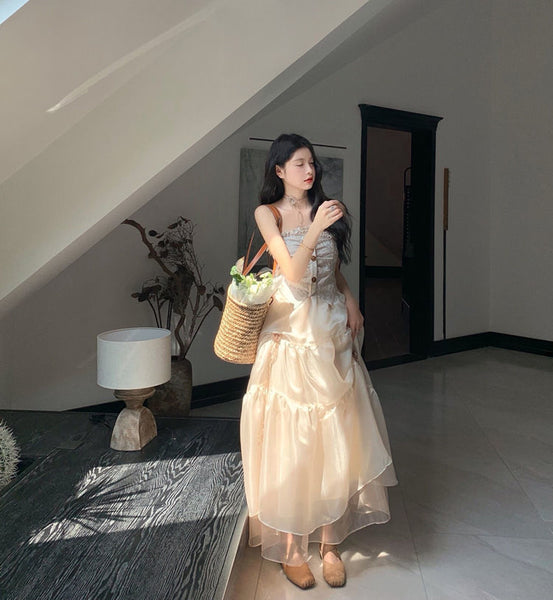 Temperament Summer Women Retro Vintage Sleeveless Tube Top High Waist Mesh Gauze Stitching Big Swing Cake Dress