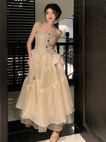 Temperament Summer Women Retro Vintage Sleeveless Tube Top High Waist Mesh Gauze Stitching Big Swing Cake Dress