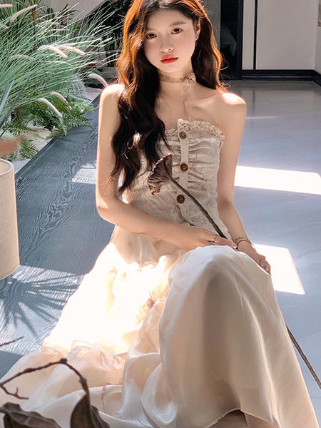 Temperament Summer Women Retro Vintage Sleeveless Tube Top High Waist Mesh Gauze Stitching Big Swing Cake Dress