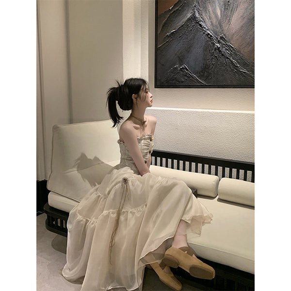 Temperament Summer Women Retro Vintage Sleeveless Tube Top High Waist Mesh Gauze Stitching Big Swing Cake Dress