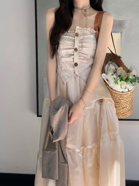 Temperament Summer Women Retro Vintage Sleeveless Tube Top High Waist Mesh Gauze Stitching Big Swing Cake Dress