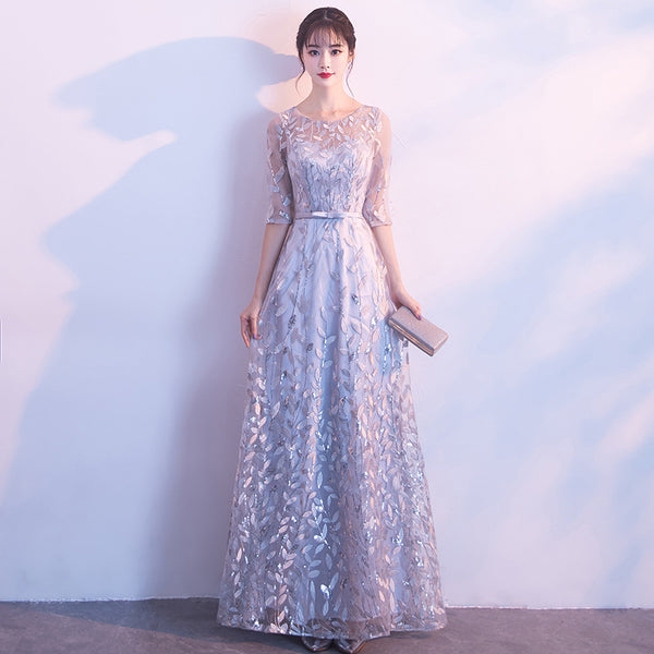 Prefect Look Elegant Women Floral Printed High Waist Mesh Half Sleeves Banquet Party Evening Long Dress