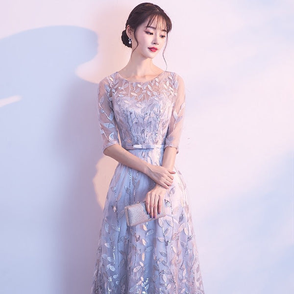 Prefect Look Elegant Women Floral Printed High Waist Mesh Half Sleeves Banquet Party Evening Long Dress