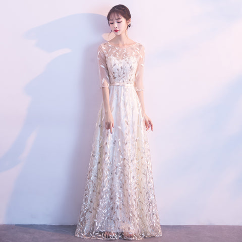 Prefect Look Elegant Women Floral Printed High Waist Mesh Half Sleeves Banquet Party Evening Long Dress