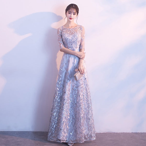 Prefect Look Elegant Women Floral Printed High Waist Mesh Half Sleeves Banquet Party Evening Long Dress