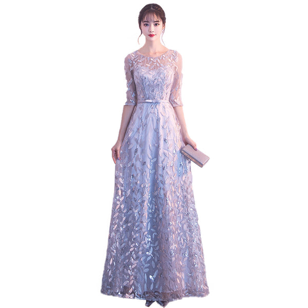 Prefect Look Elegant Women Floral Printed High Waist Mesh Half Sleeves Banquet Party Evening Long Dress