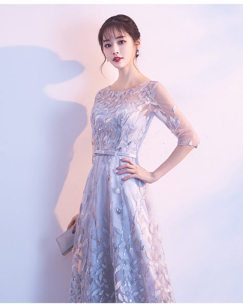 Prefect Look Elegant Women Floral Printed High Waist Mesh Half Sleeves Banquet Party Evening Long Dress