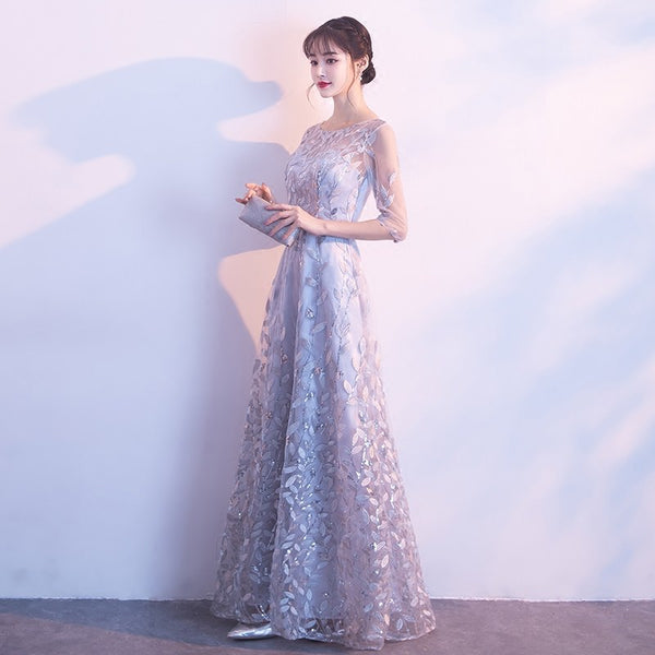 Prefect Look Elegant Women Floral Printed High Waist Mesh Half Sleeves Banquet Party Evening Long Dress