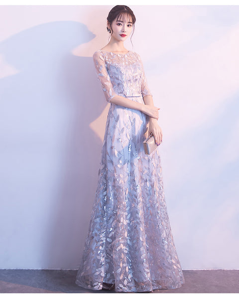 Prefect Look Elegant Women Floral Printed High Waist Mesh Half Sleeves Banquet Party Evening Long Dress