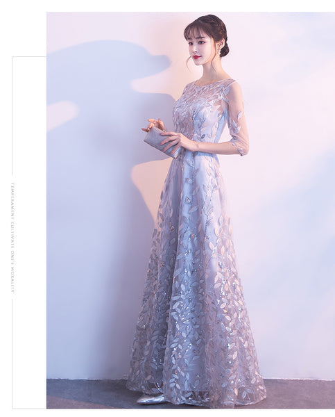 Prefect Look Elegant Women Floral Printed High Waist Mesh Half Sleeves Banquet Party Evening Long Dress