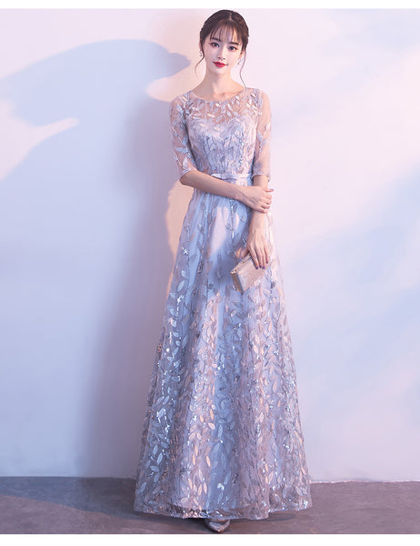 Prefect Look Elegant Women Floral Printed High Waist Mesh Half Sleeves Banquet Party Evening Long Dress