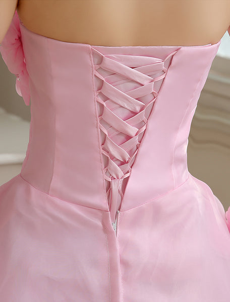 Beautiful Women Attractive Floral Pleated Waist Lace Tube Off Shoulder Top Bridal Tutu Large Big Swing Layer Cake Party Prom Dress